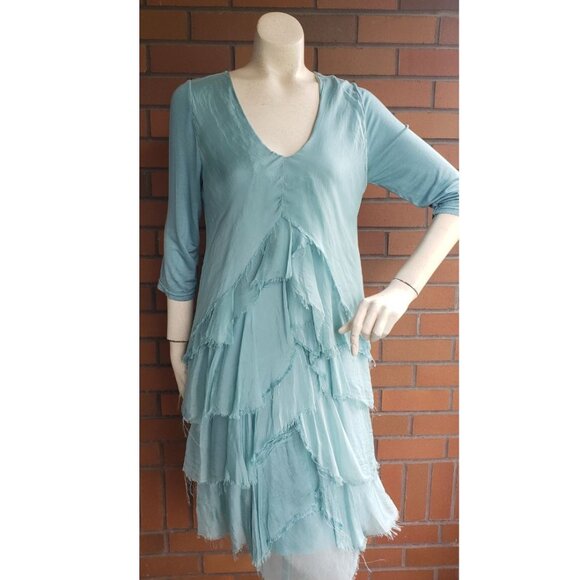 BNWT Silk Waterfall Layered 3/4 arm Midi Dress Made in Italy Light Teal - Picture 7 of 13